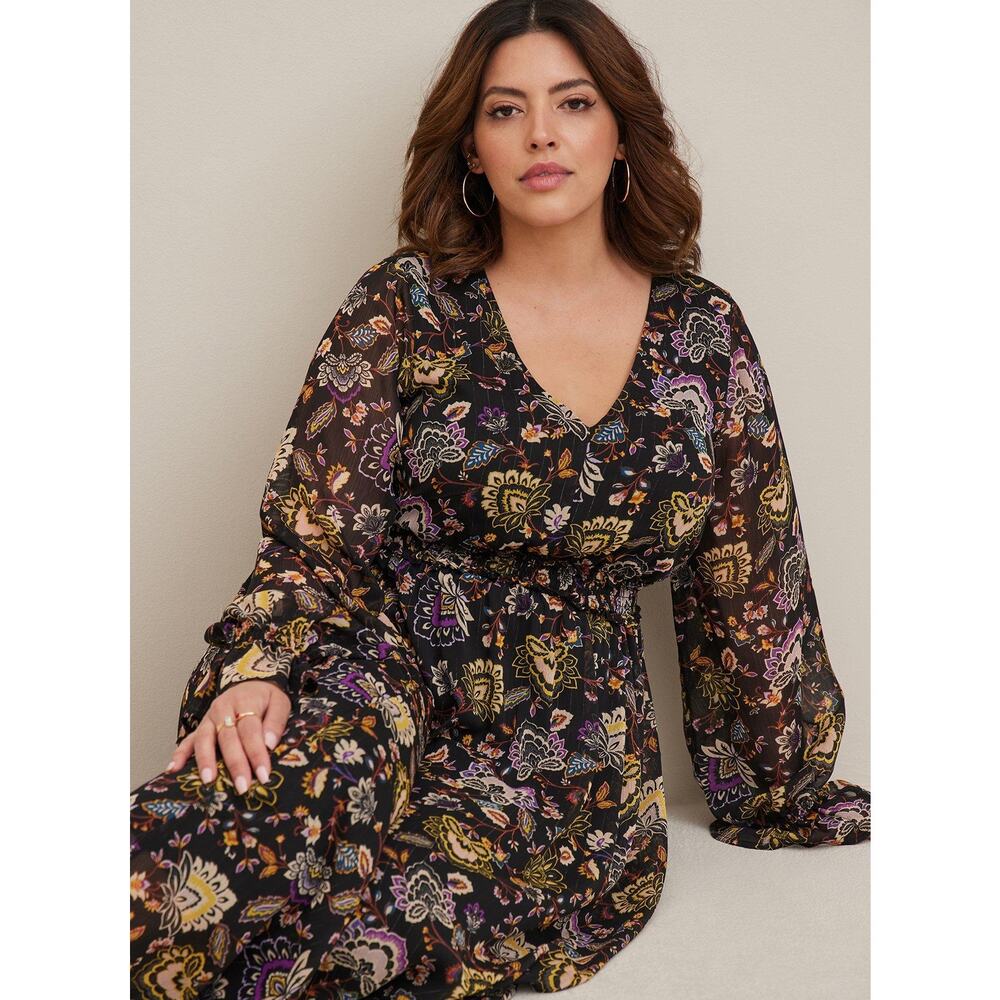 Torrid Maxi Dress Size 4X Dark Floral Paisley Chiffon Lurex Tiered Long Sleeve